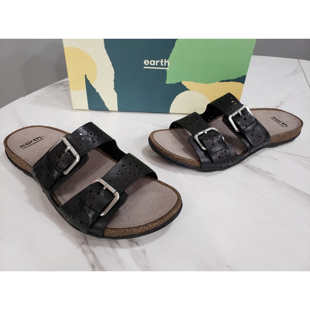 NEW Earth‎ Leather Slide Sandals Sand Antigua Black Size 10